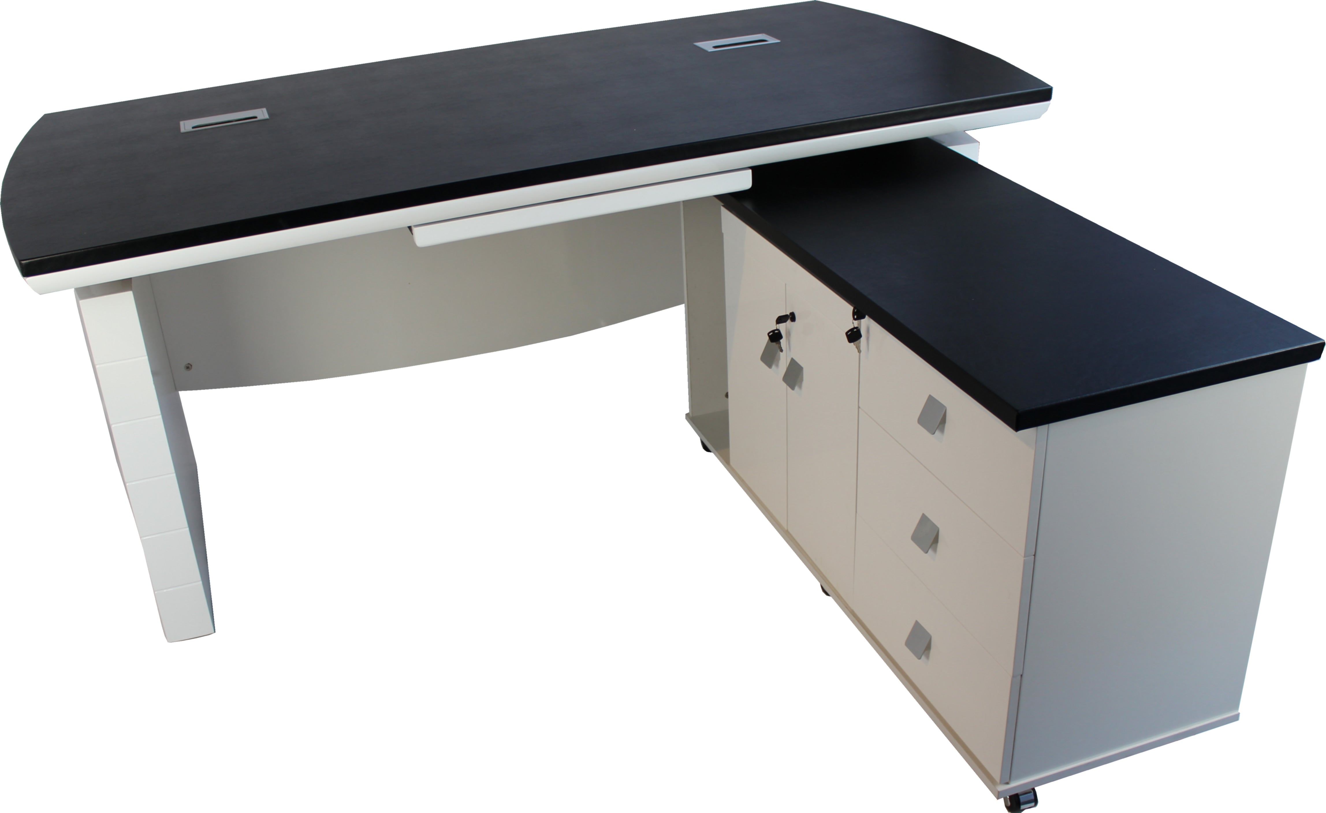 White Gloss and Black Leather Executive Desk with Return and Pedestal T1360